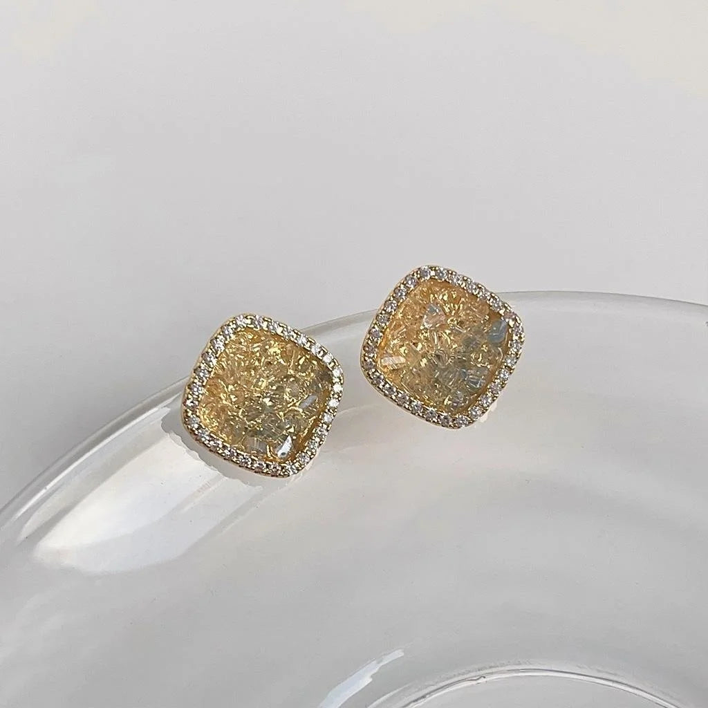 14K Plated Copper Square Glass Crystal Zircon Geometric Minimalist Stud Earrings For Women