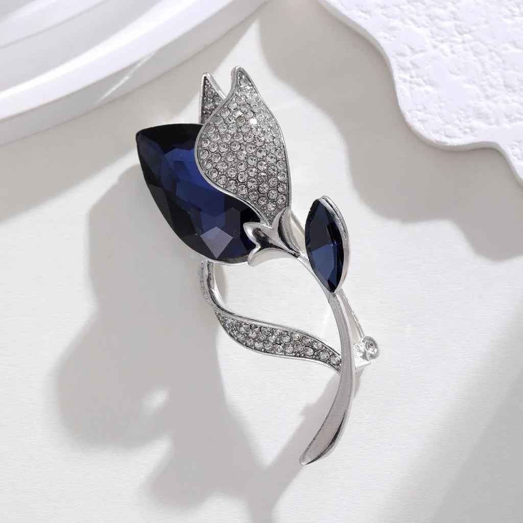 Elegant Glass Tulip Flower Brooch With Rhinestone Alloy Stem, Women's Lapel Pin Corsage Suit Accessory Gift