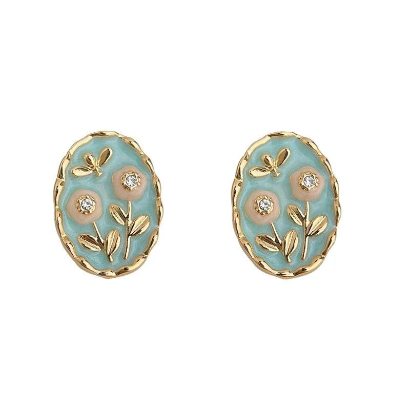 Forest Style Enamel Glaze Flower Stud Earrings Silver Plated Copper Alloy French Elegant Jewelry