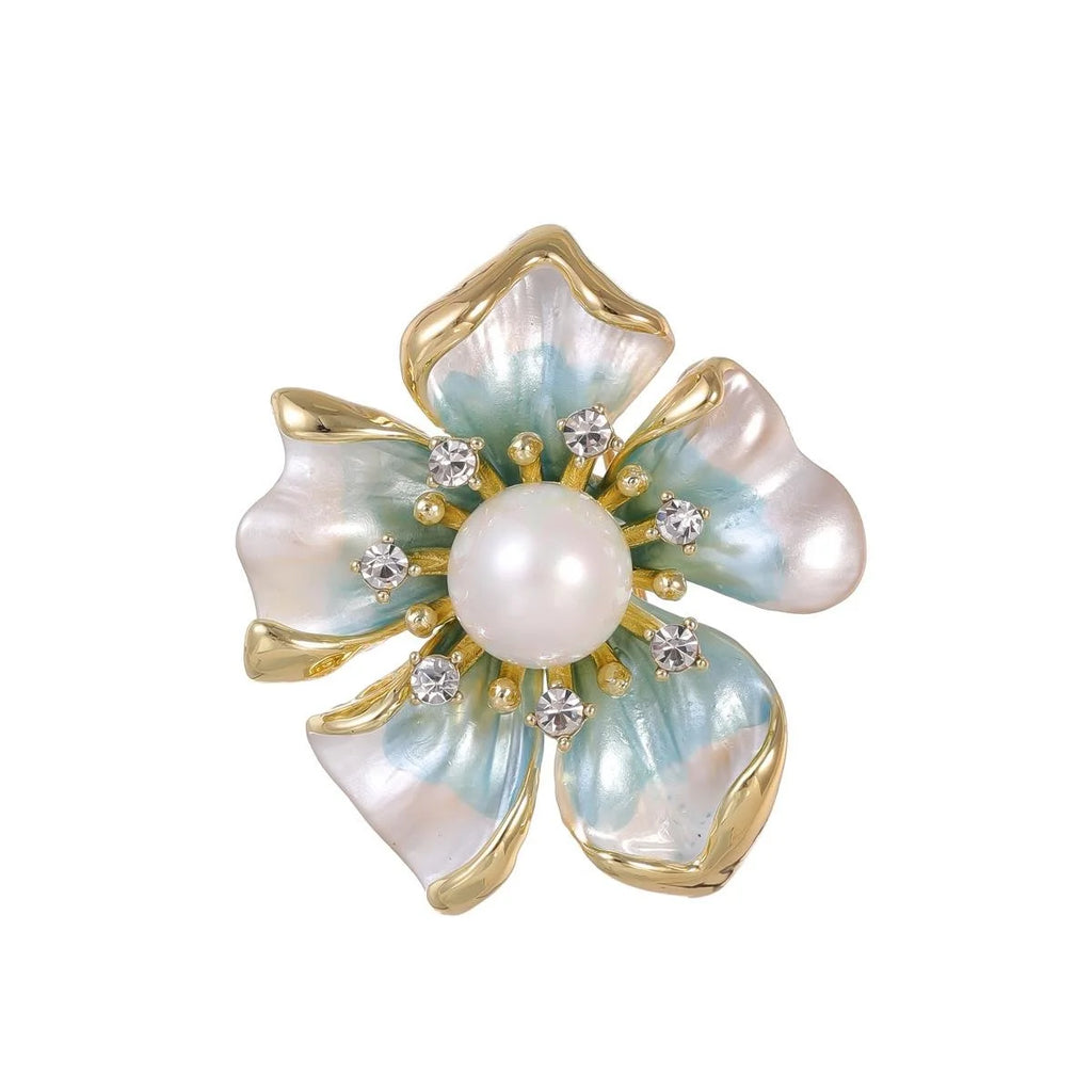 Elegant Gold Tone Flower Brooch With Mother Of Pearl Petals, Faux Pearl And Rhinestone Lapel Pin Gift
