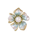 Elegant Gold Tone Flower Brooch With Mother Of Pearl Petals, Faux Pearl And Rhinestone Lapel Pin Gift