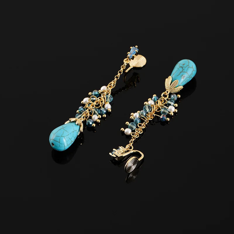 Vintage Turquoise Teardrop Tassel Alloy Crystal Pearl Stud & Clip On No Piercing Long Dangle Earrings