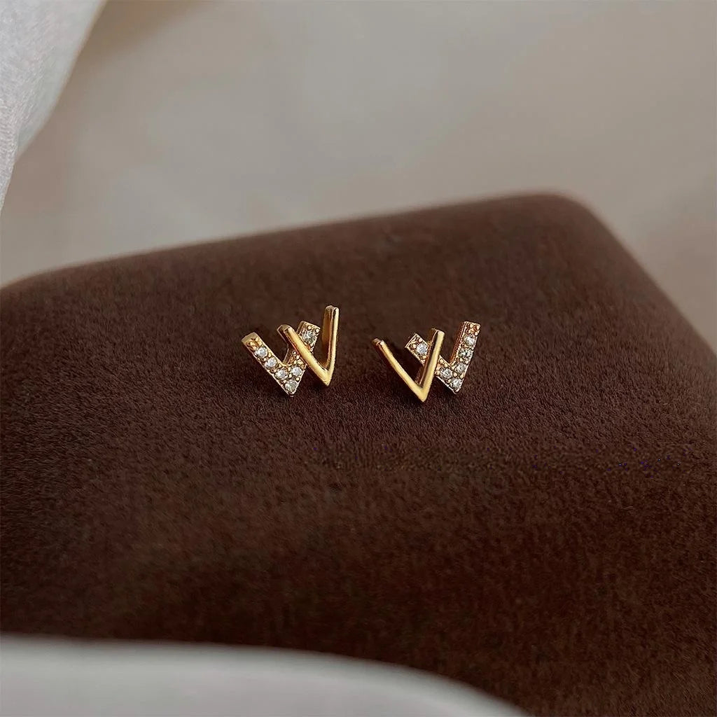 Mini 14K Plated Copper Letter W Stud Earrings With Micro Pave Zircon Minimalist Jewelry