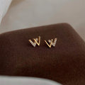 Mini 14K Plated Copper Letter W Stud Earrings With Micro Pave Zircon Minimalist Jewelry