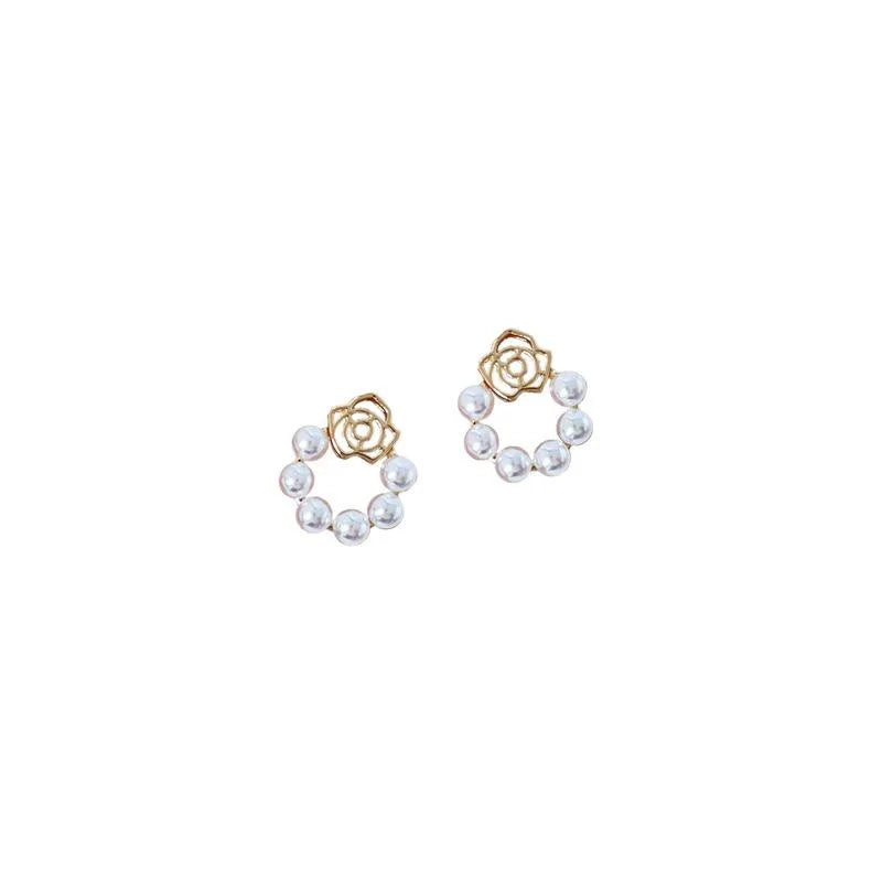 14K Gold Plated Copper 3D Hollow Rose Pearl Stud Earrings For Women Japanese Korean Style