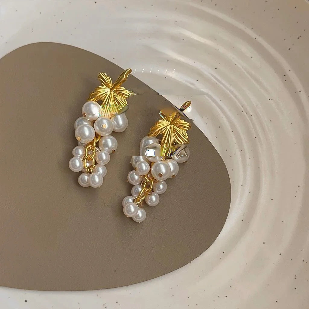 Vintage French Grape Floral Glass Pearl Stud Earrings Matte Silver Plated Luxury Handmade Jewelry