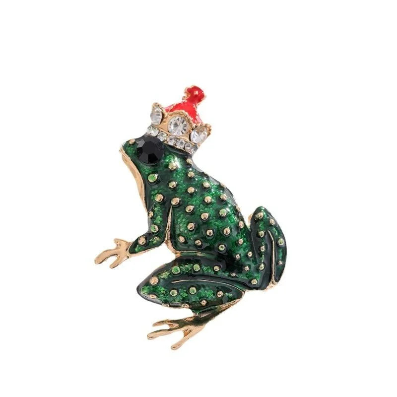 Cute Enamel Frog Prince Brooch With Rhinestone Crown, Animal Lapel Pin Corsage Suit Accessory Gift