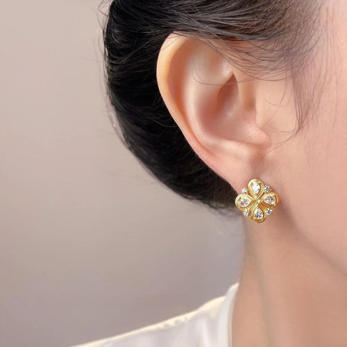 Vintage Chinese Knot Flower Geometric Zircon Copper Stud Earrings