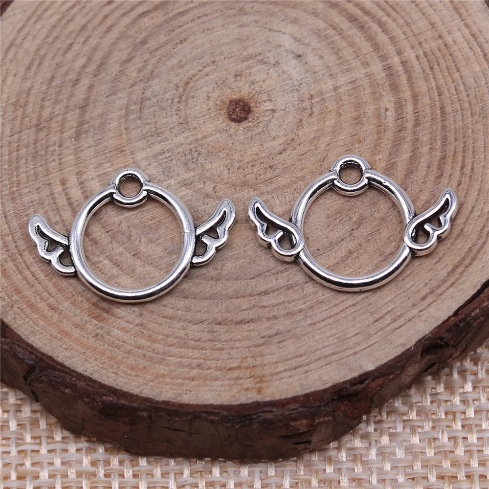 13x19mm 0.55g Antique Silver Zinc Alloy Round Wings Angel Charm Pendant for DIY Jewelry Making