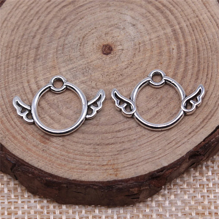 13x19mm 0.55g Antique Silver Zinc Alloy Round Wings Angel Charm Pendant for DIY Jewelry Making