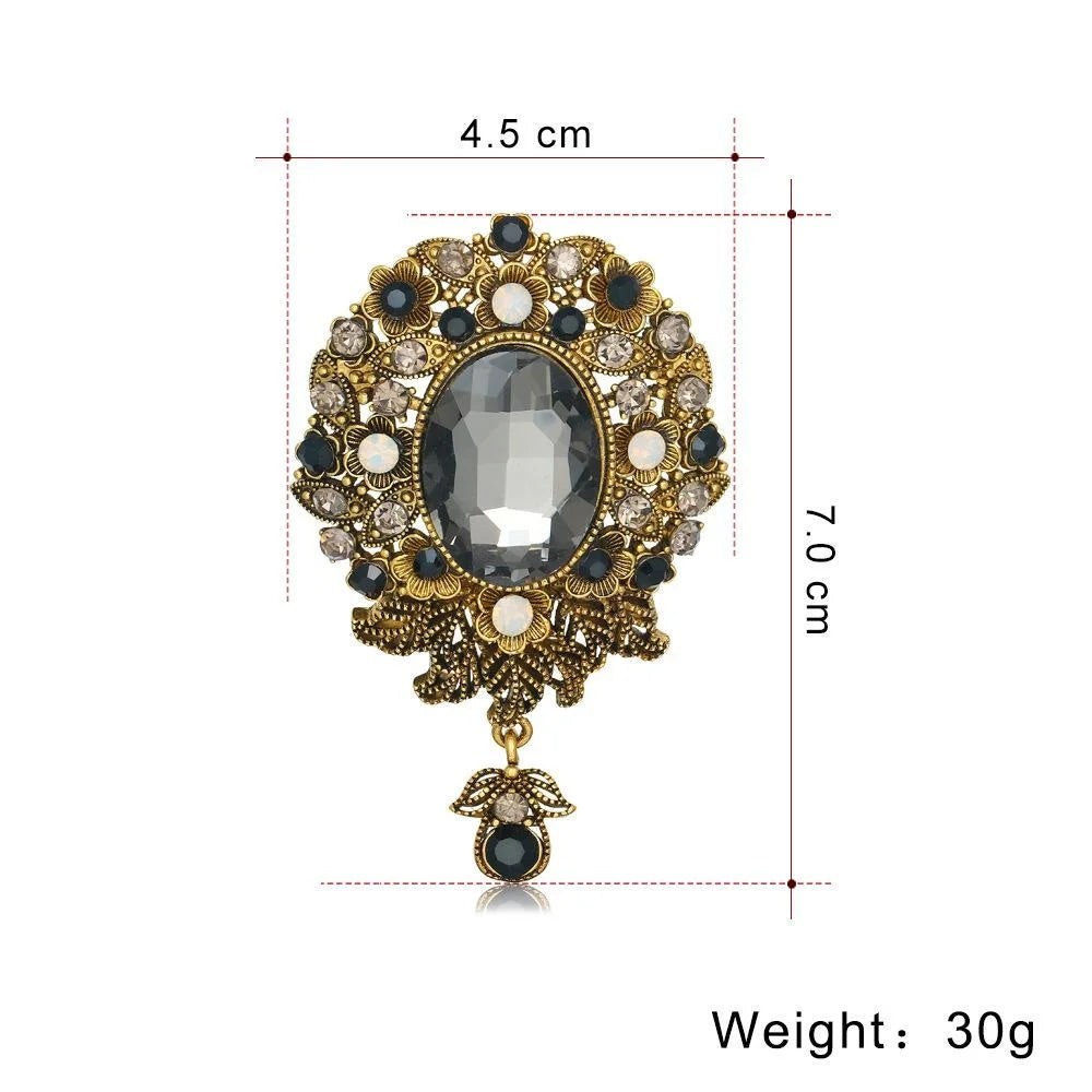 Vintage Blue Rhinestone Alloy Floral Brooch With Glass Pendant, Elegant Women's Lapel Pin Suit Accessory