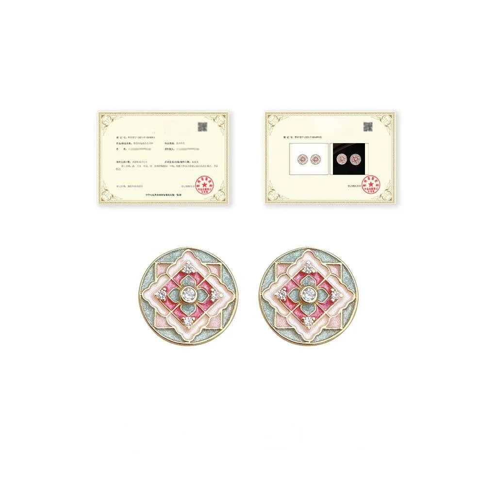Vintage Ethnic Geometric Floral Enamel Copper Stud Earrings