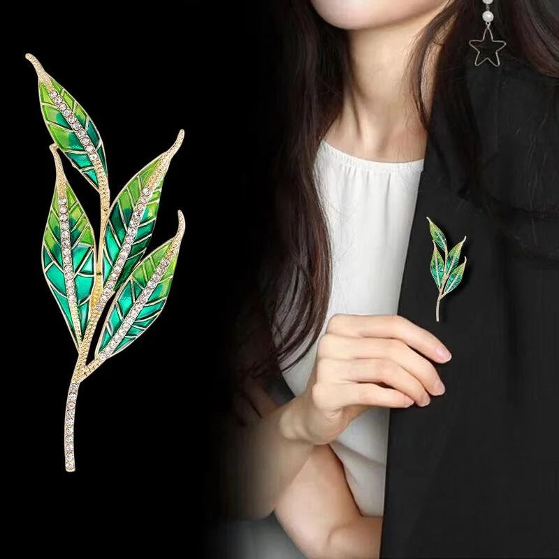 Elegant Green Willow Leaf Enamel Rhinestone Alloy Brooch, Branch Lapel Pin Corsage Suit Accessory Gift