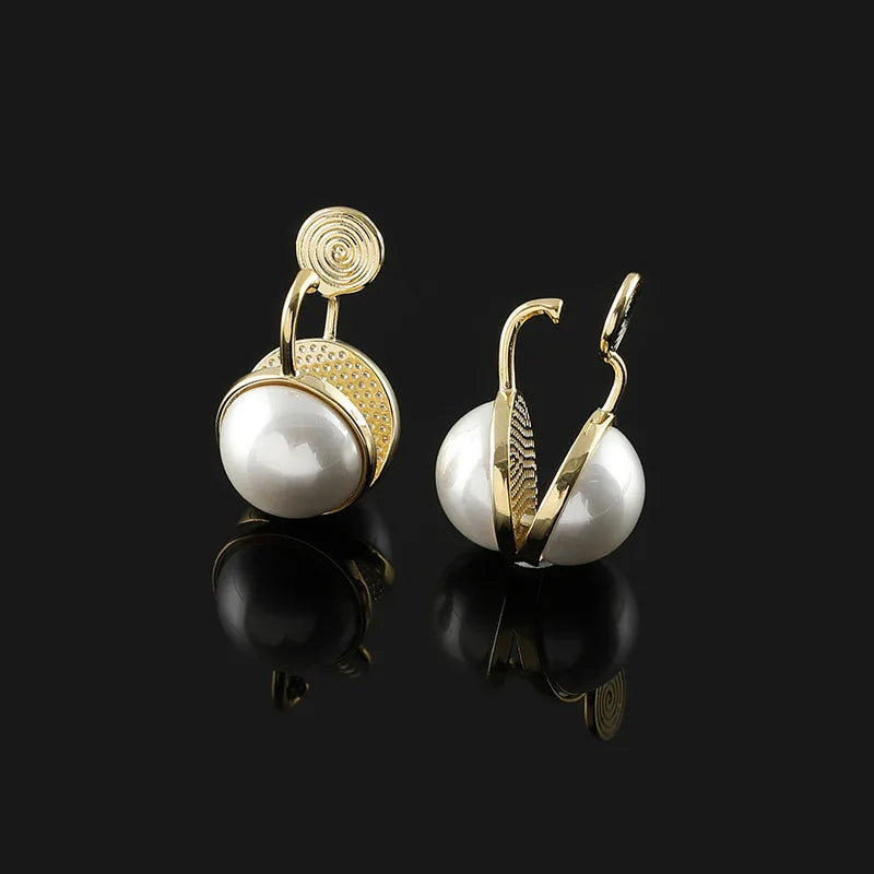 Vintage Spiral Disc Double Sided Pearl Alloy Stud & Clip On No Piercing Commuter Hoop Earrings