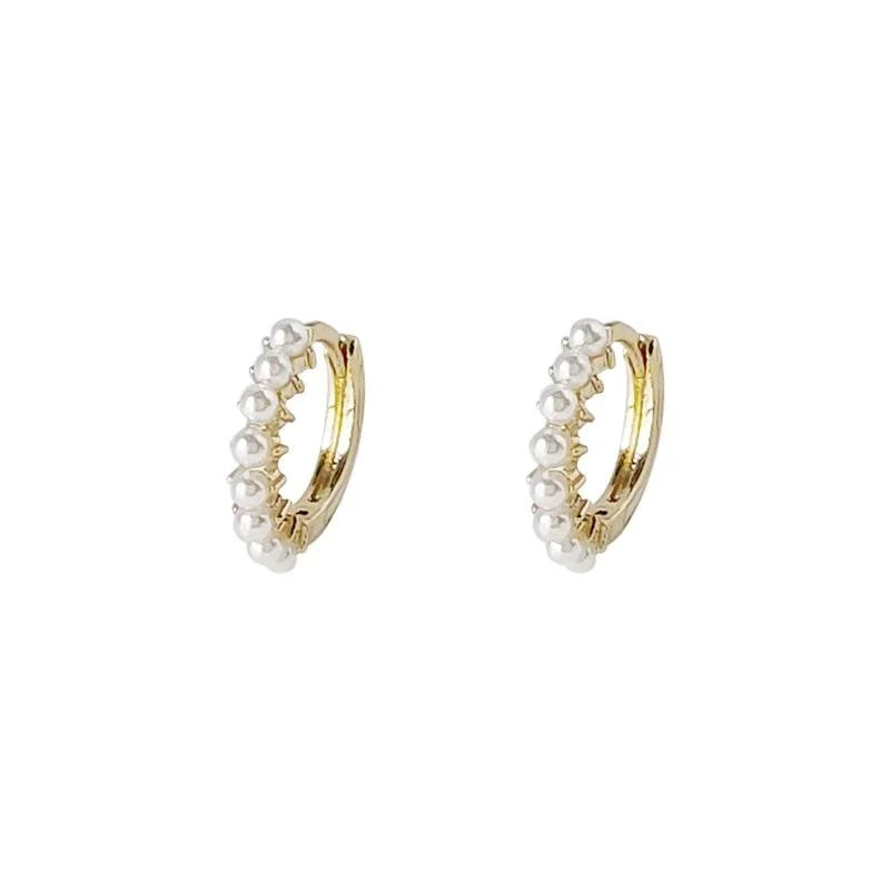 French Elegant Copper Pearl Hoop Earrings, Minimalist Small Beaded Round Jewelry