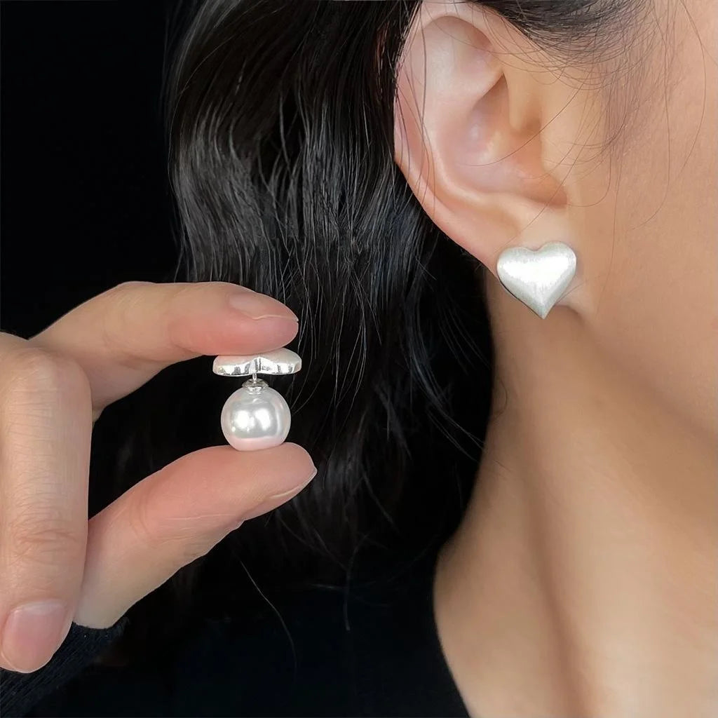 Dual Wear Elegant Copper Heart Pearl Stud Earrings With Silver Plated Pins Matte Brushed Finish