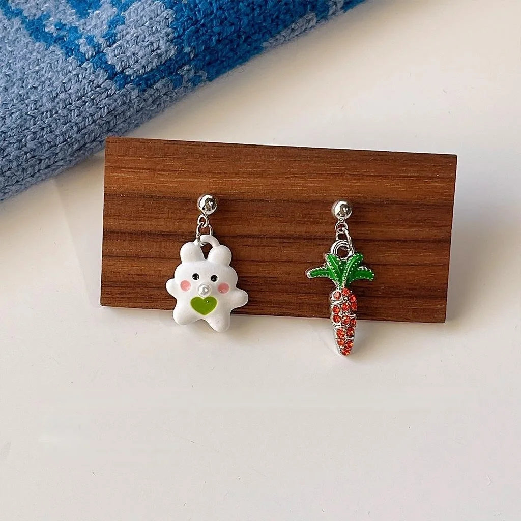 Cute Rabbit Carrot Asymmetric Stud Earrings Silver Plated Copper Cartoon Fresh Style Jewelry
