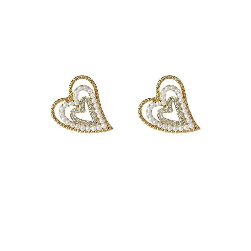 French Vintage Copper Pearl Heart Stud Earrings With Micro Pave Zircon Multi Layer Design
