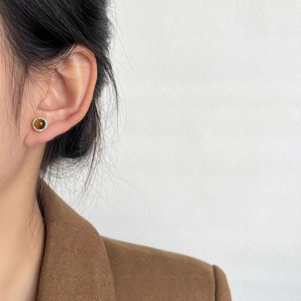 14K Gold Plated Copper Tiger Eye Zircon Round Geometric Stud Earrings Old Money Style
