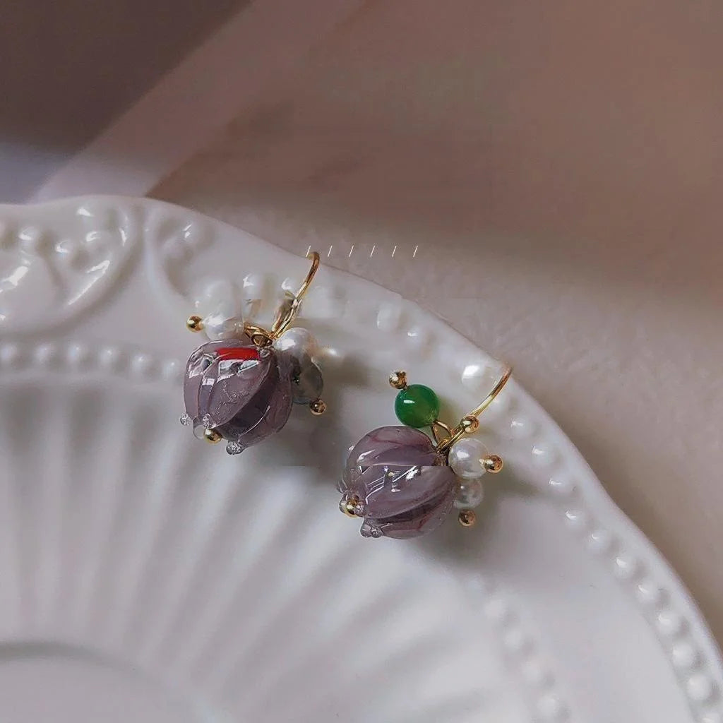 Handmade Lotus Glass Drop Earrings Copper Water Lily Floral Niche Design Jewelry