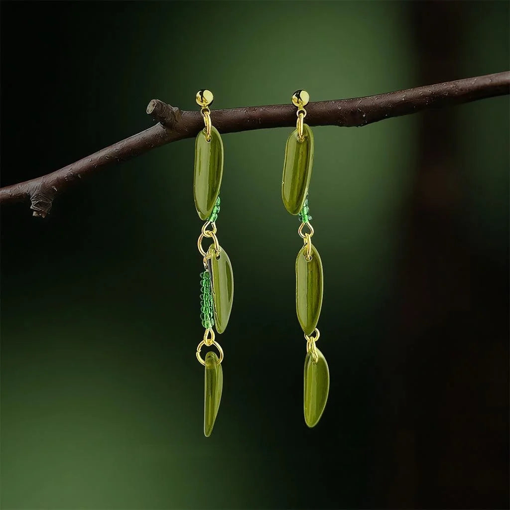 Handmade New Chinese Green Glass Crystal Beaded Bamboo Leaf Tassel Drop Earrings Pastoral Fresh Style