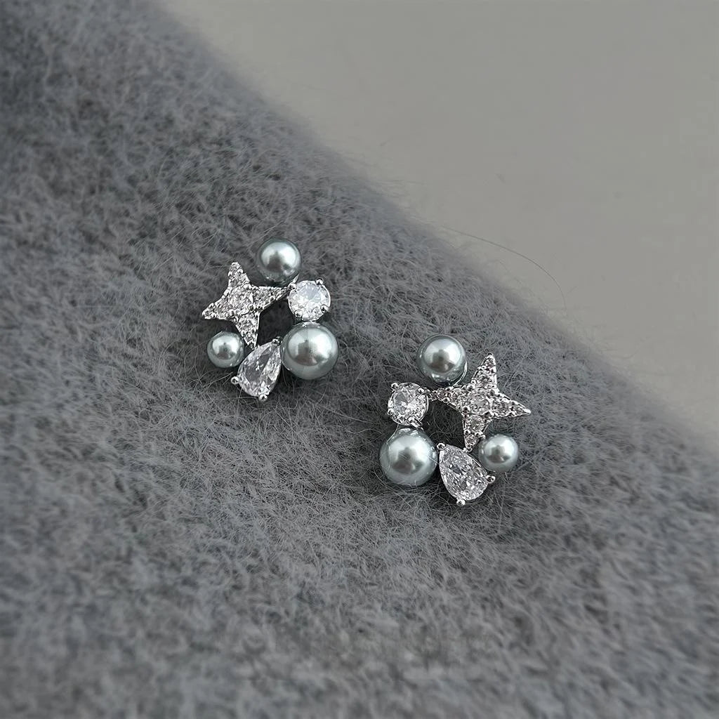 Micro Pave Zircon Six-Point Star Pearl Copper Stud Earrings Premium Minimalist Workwear