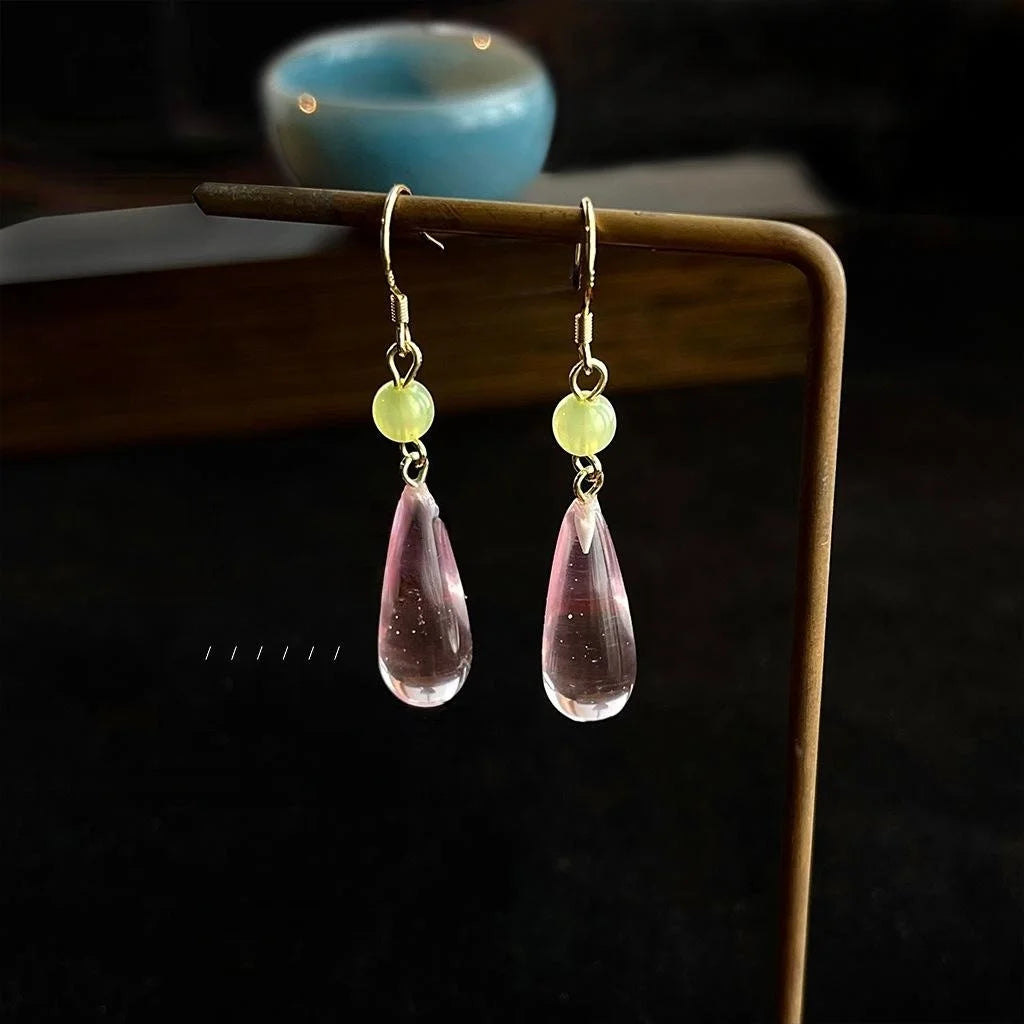 Handmade Vintage Court Style Silver Plated Copper Pink Transparent Teardrop Drop Earrings