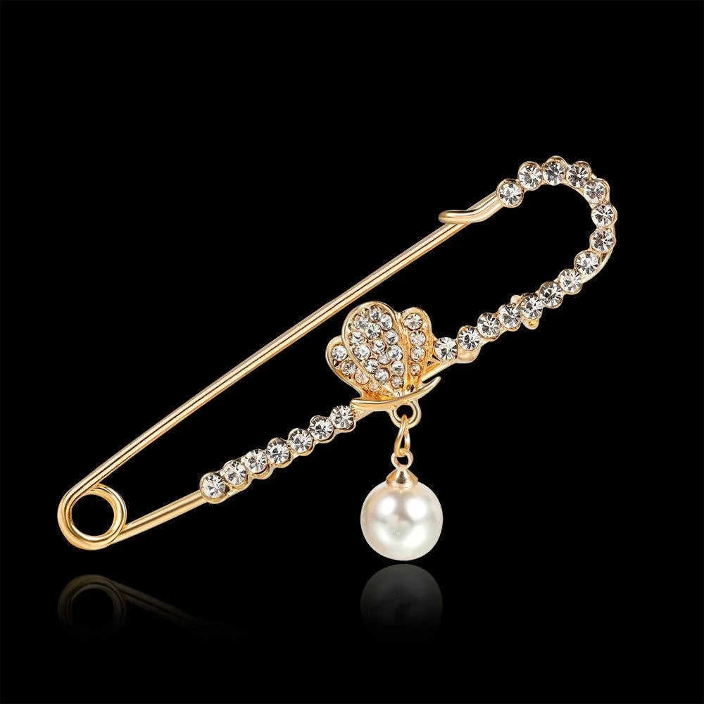 Elegant Gold Alloy Safety Pin Brooch With Rhinestone Bow Heart And Pearl Charm, Women's Lapel Pin Gift