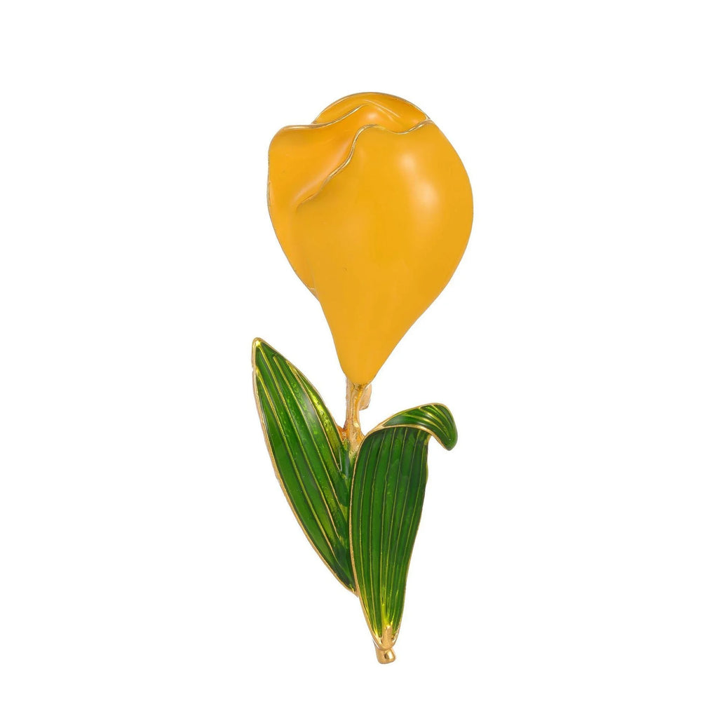 Elegant Yellow Tulip Flower Enamel Alloy Brooch With Green Leaves, Women's Lapel Pin Corsage Gift