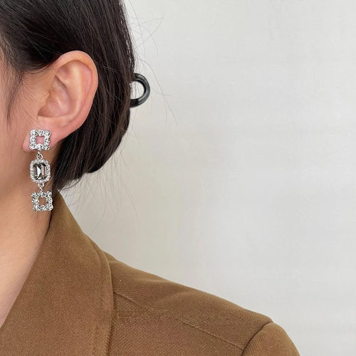 Light Luxury Gray Glass Crystal Hollow Geometric Copper Drop Earrings For Women