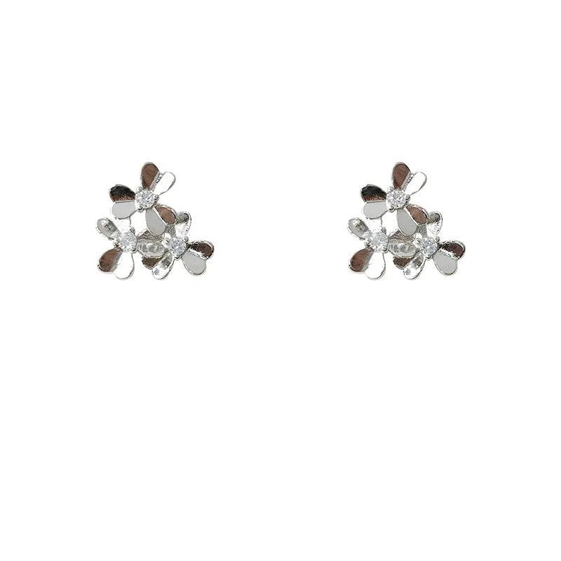 Silver Plated Copper Zircon Flower Stud Earrings For Women Korean Style