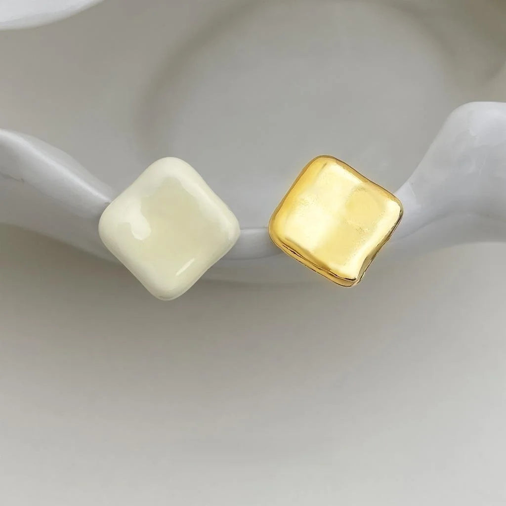 French Vintage Asymmetric Geometric Enamel Square Copper Stud Earrings For Women