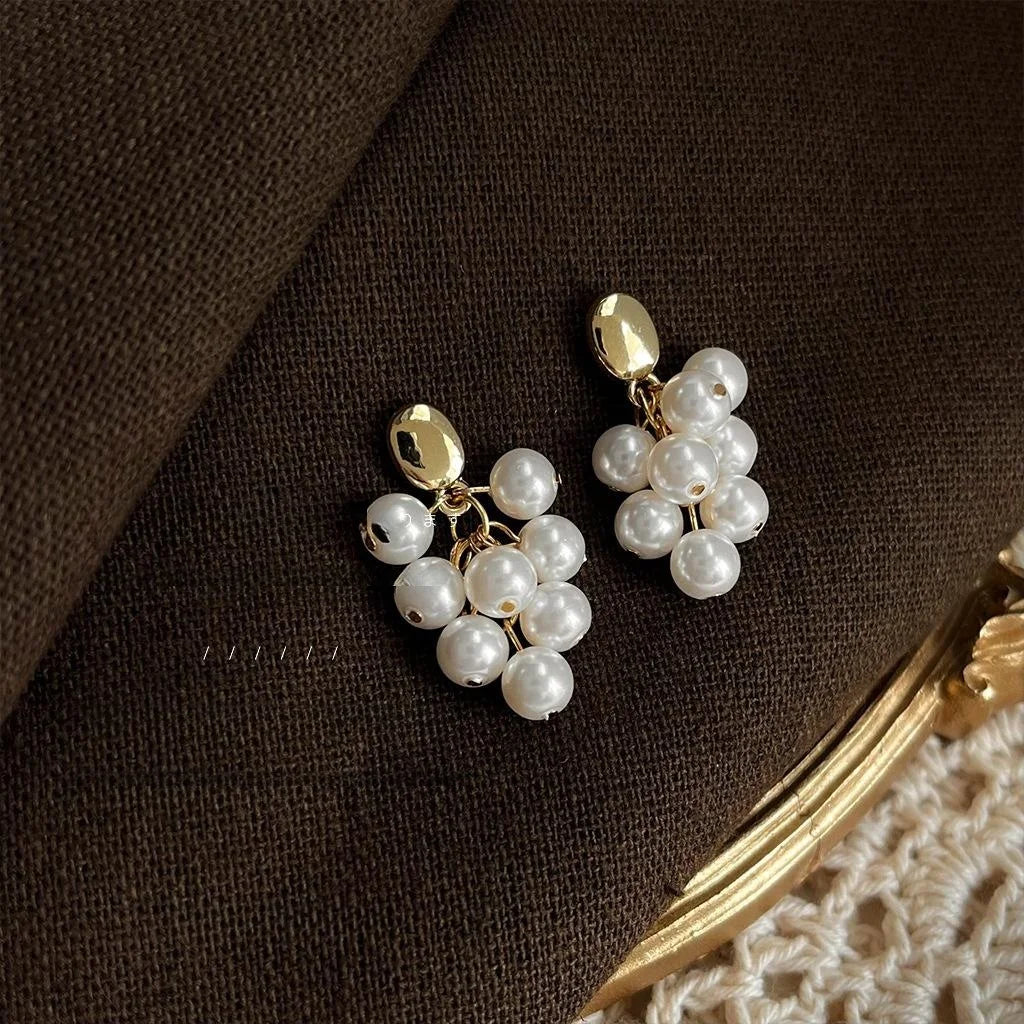 Light Luxury Handmade Silver Plated Pin Glass Pearl Grape Cluster Tassel Drop Earrings