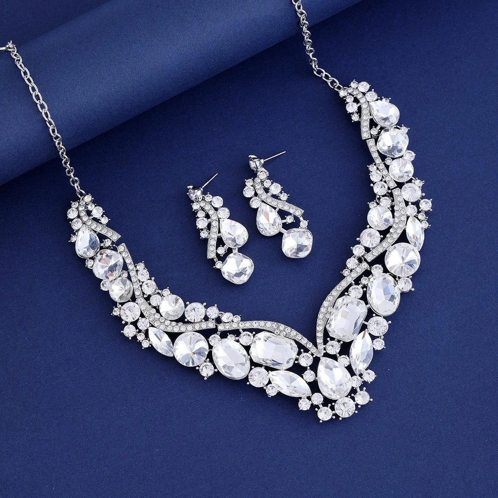 Luxury Emerald Green Crystal Rhinestone Statement Necklace Earrings Jewelry Set For Banquet Party