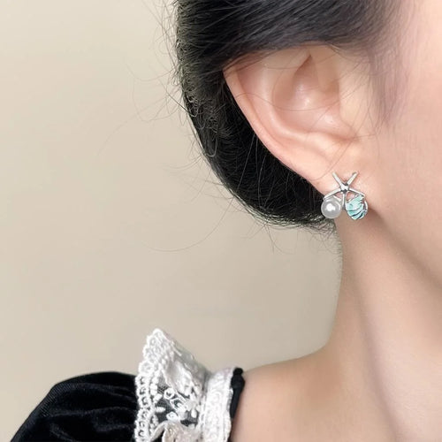 Fresh Sweet Ocean Style Copper Stud Earrings With Pearl Shell Starfish Silver Plated Posts