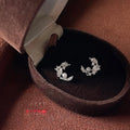 Sparkling Micro Pave Zircon Moon Stud Earrings, Silver Plated Copper Minimalist Jewelry