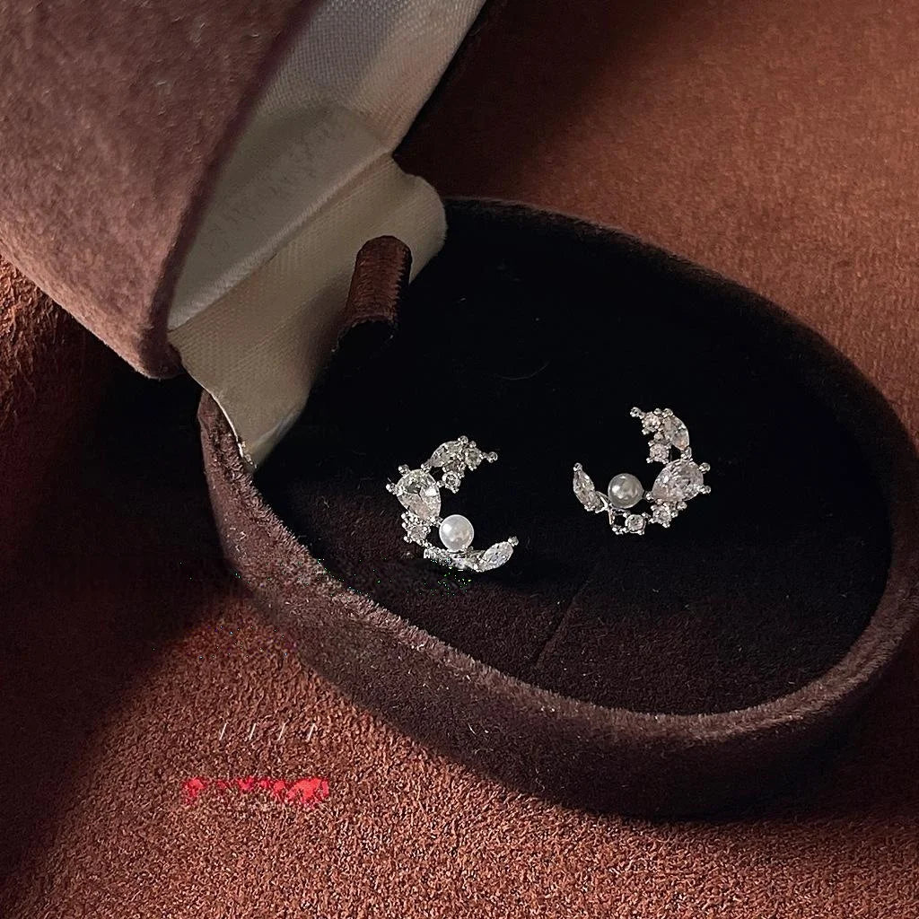 Sparkling Micro Pave Zircon Moon Stud Earrings, Silver Plated Copper Minimalist Jewelry