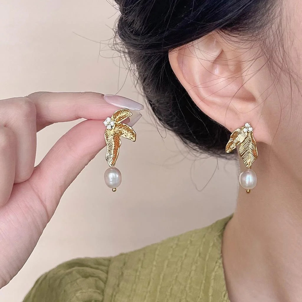 Asymmetric Freshwater Pearl Copper Leaf Drop Earrings Handmade Light Luxury Fashion Jewelry