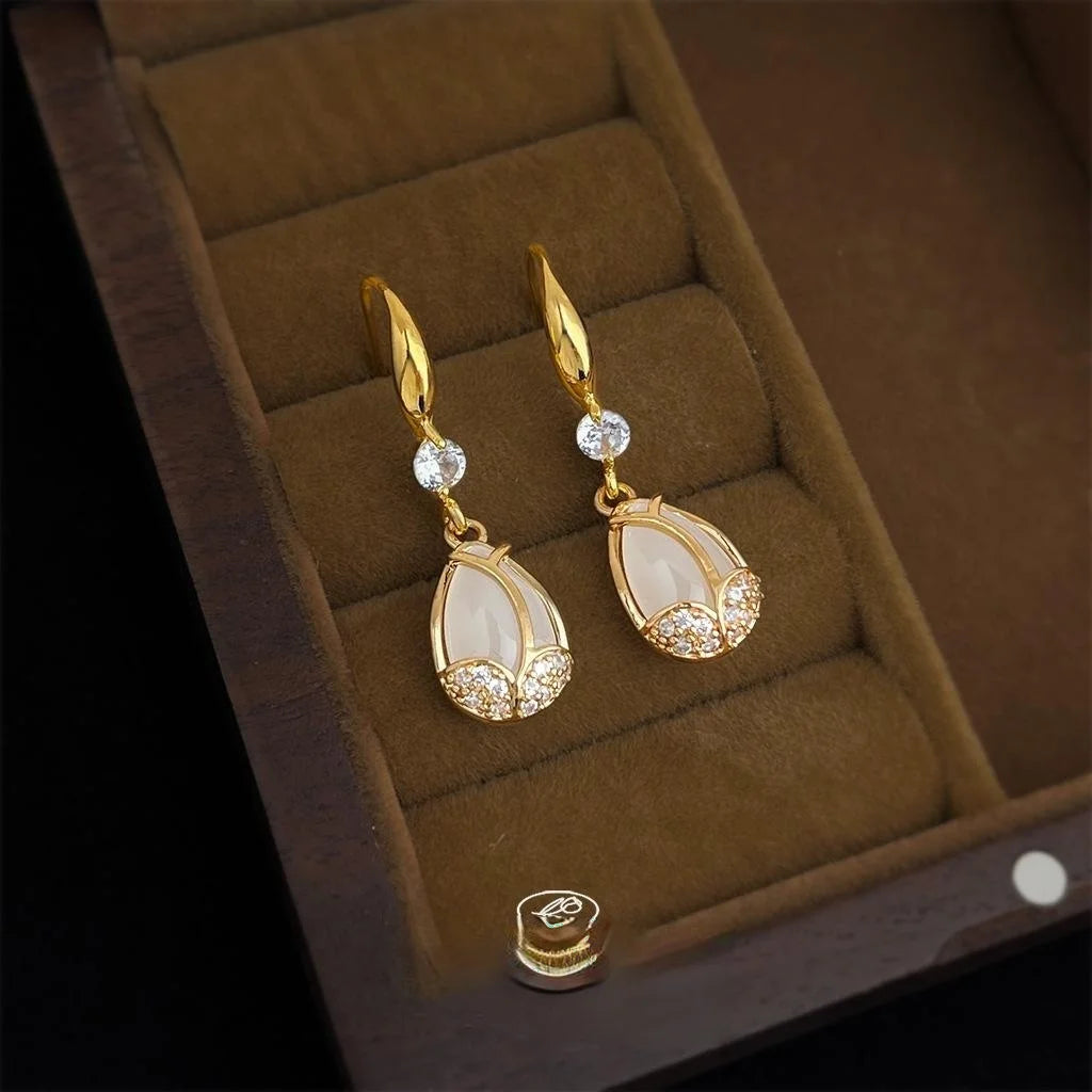 French Vintage Tulip Drop Earrings Copper Micro Pave Zircon Teardrop Glass Crystal Floral Jewelry