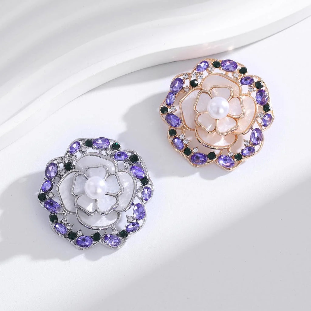Elegant Camellia Flower Alloy Brooch With Faux Mother Of Pearl Petals, Pearl And Rhinestone Lapel Pin Gift