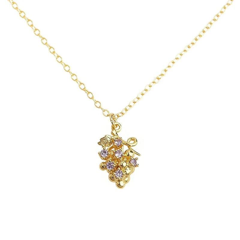 18K Gold Plated Copper Purple Grape Zircon Fruit Pendant Necklace Light Luxury Clavicle Chain