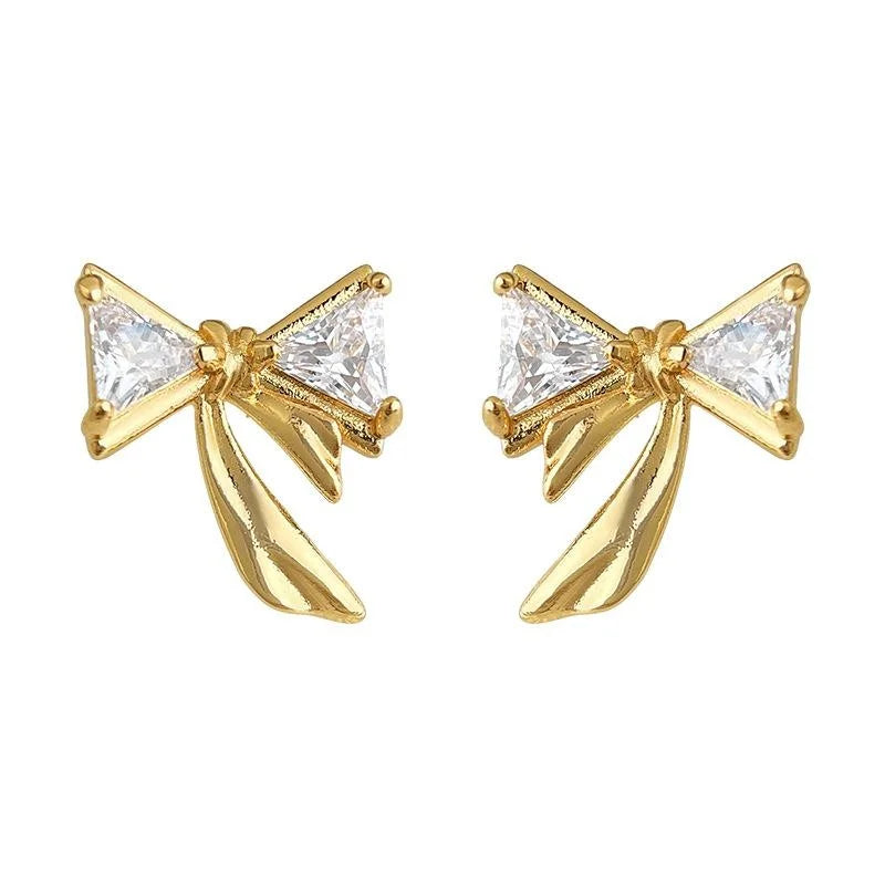 High End Zircon Bowknot Copper Stud Earrings For Women Minimalist Commuter Jewelry