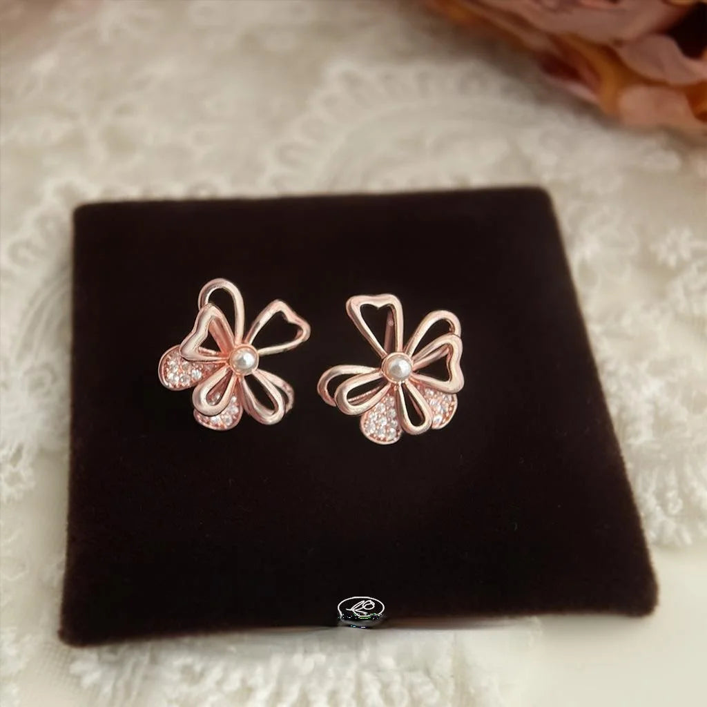 Light Luxury Micro Pave Zircon Rose Gold Hibiscus Flower Copper Stud Earrings for Women