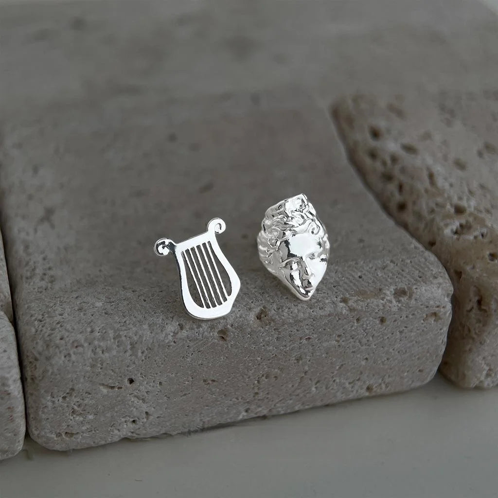 Eco-Friendly Copper Asymmetric Musical Instrument Opera Mask Stud Earrings Minimalist Geometric Style