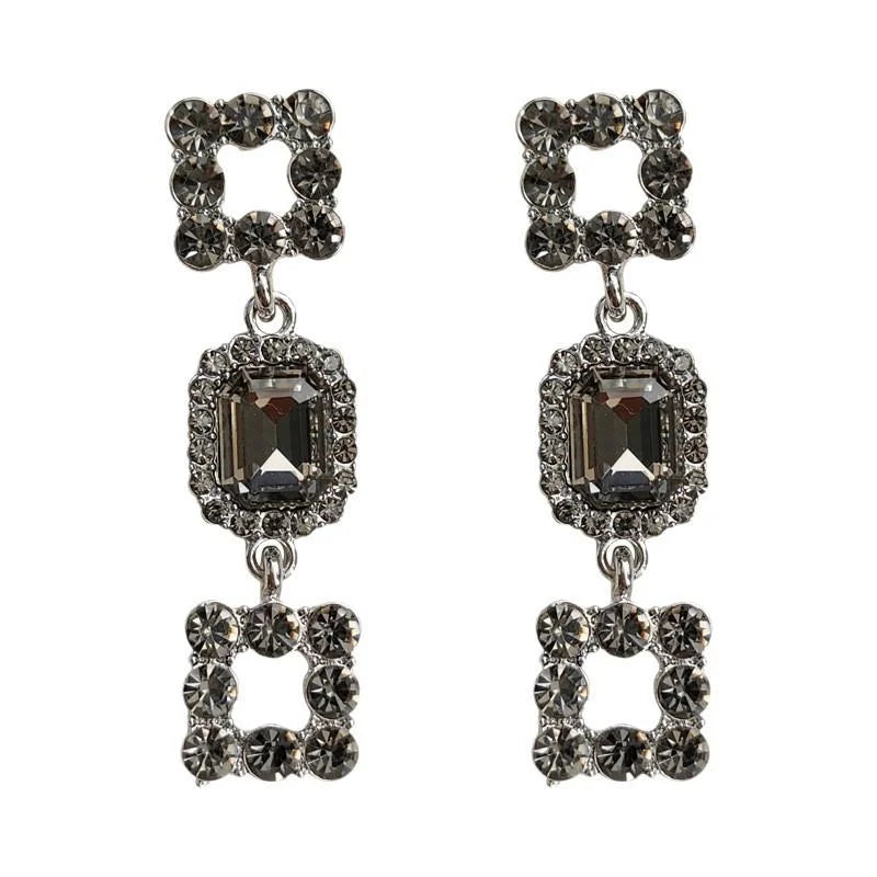 Light Luxury Gray Glass Crystal Hollow Geometric Copper Drop Earrings For Women