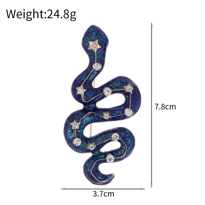 Luxury Blue Enamel Snake Brooch With Rhinestone Stars, Statement Animal Lapel Pin Suit Accessory Gift