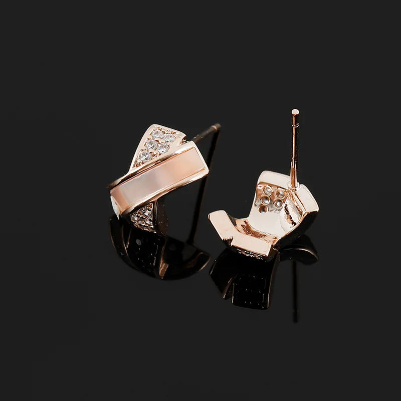 Elegant Shell Cross Rose Gold Tone Zircon Enamel Stud & Clip On No Piercing Commuter Luxury Earrings
