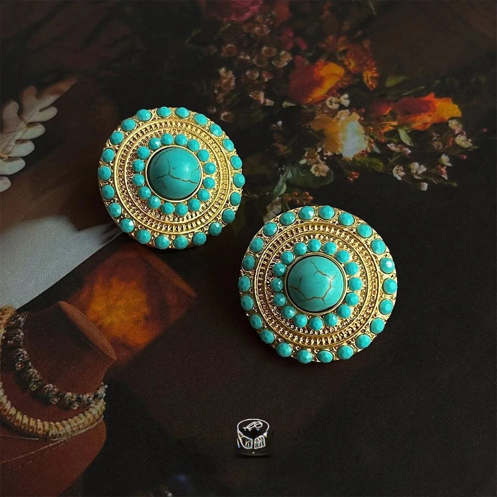 Vintage Ethnic Copper Synthetic Turquoise Geometric Round Stud Earrings