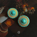 Vintage Ethnic Copper Synthetic Turquoise Geometric Round Stud Earrings