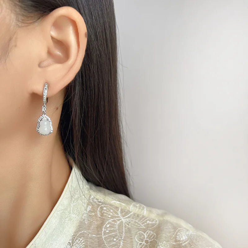 Vintage Chinese Gourd Teardrop Alloy Rhinestone Stud & Clip On No Piercing Dangle Earrings